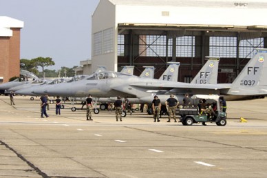EGLIN AIR FORCE BASE, Fla. -- F-15 Eagles from Langley Air Force Base, Va., arrive here Sept. 13 during an evacuation from Hurricane Ophelia. (U.S. Air Force photo by Greg Murry)